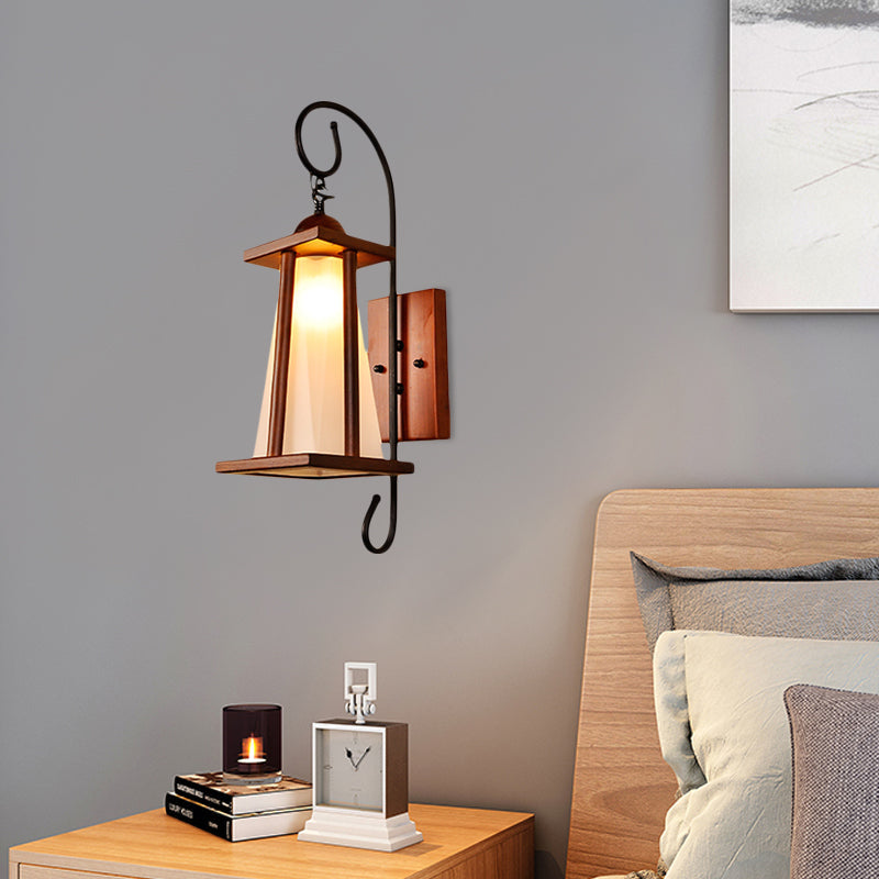 Trapezoid Bedroom Wall Lighting Rustic Frosted Glass 1-Light Brown Wall Light Sconce with Wood Frame Clearhalo 'Wall Lamps & Sconces' 'Wall Lights' Lighting' 728252