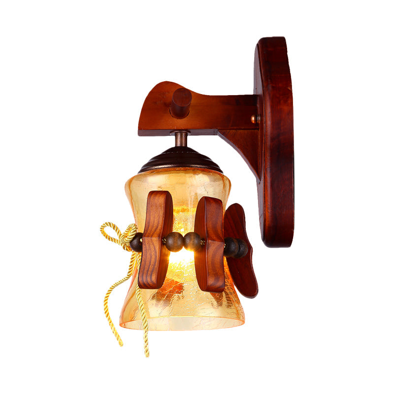 Brown 1 Bulb Wall Mount Light Rural Yellow Water Glass Flared Wall Sconce Lighting with Wood Backplate Clearhalo 'Wall Lamps & Sconces' 'Wall Lights' Lighting' 728266