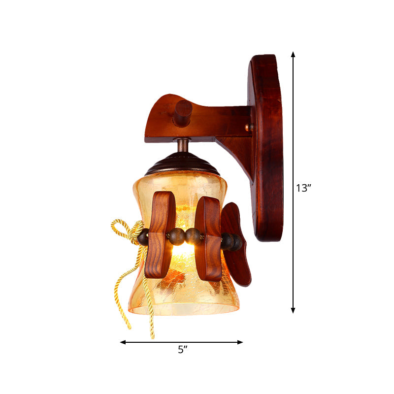 Brown 1 Bulb Wall Mount Light Rural Yellow Water Glass Flared Wall Sconce Lighting with Wood Backplate Clearhalo 'Wall Lamps & Sconces' 'Wall Lights' Lighting' 728268