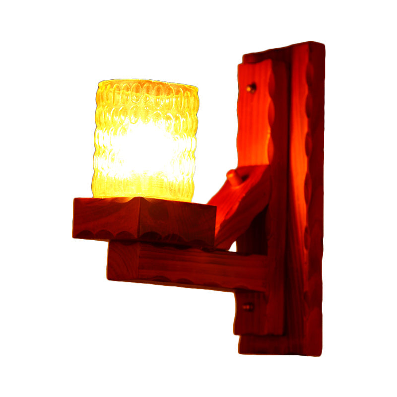 Red Brown Cylinder Wall Mount Lamp Traditional Dimple Glass 1/2-Light Bedroom Sconce Light Fixture with Wood Arm Clearhalo 'Wall Lamps & Sconces' 'Wall Lights' Lighting' 728271