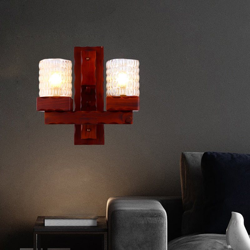 Red Brown Cylinder Wall Mount Lamp Traditional Dimple Glass 1/2-Light Bedroom Sconce Light Fixture with Wood Arm Clearhalo 'Wall Lamps & Sconces' 'Wall Lights' Lighting' 728275