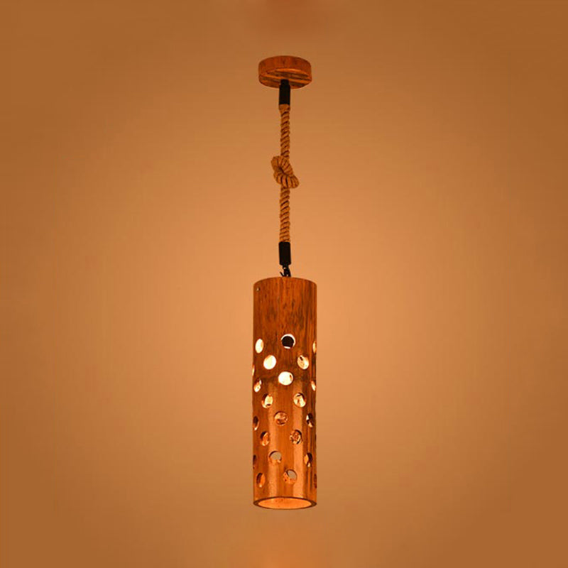 1 Light Rope Pendant Lamp Loft Flute Bamboo Hanging Ceiling Light in Brown with Hollow-out Design Clearhalo 'Ceiling Lights' 'Industrial Pendants' 'Industrial' 'Middle Century Pendants' 'Pendant Lights' 'Pendants' 'Tiffany' Lighting' 728335