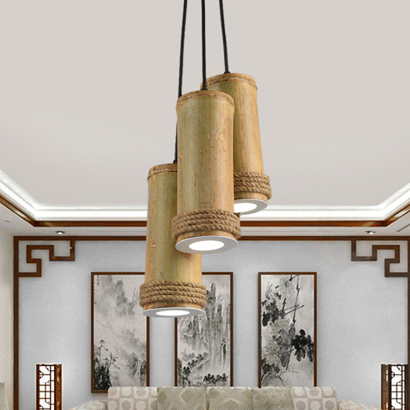 Light Brown 3-Light Cluster Pendant Light Factory Bamboo Cylinder Ceiling Fixture for Restaurant Light Brown Clearhalo 'Ceiling Lights' 'Industrial Pendants' 'Industrial' 'Middle Century Pendants' 'Pendant Lights' 'Pendants' 'Tiffany' Lighting' 728357