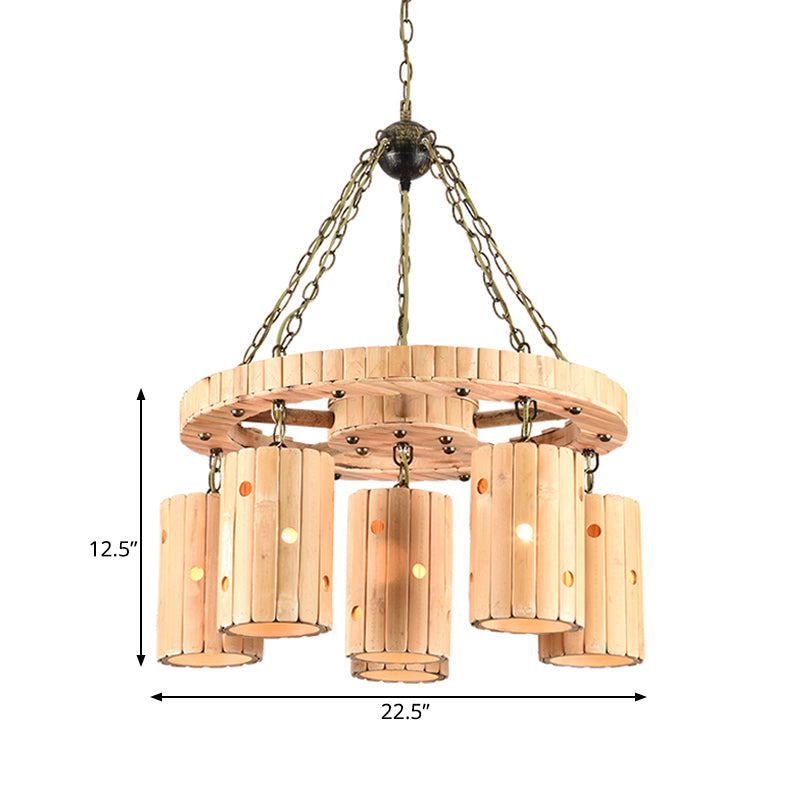 Beige Etched Cylinder Hanging Chandelier Farmhouse Bamboo 6 Lights Restaurant Suspension Light with Wheel Design Clearhalo 'Ceiling Lights' 'Chandeliers' 'Industrial Chandeliers' 'Industrial' 'Middle Century Chandeliers' 'Tiffany' Lighting' 728366