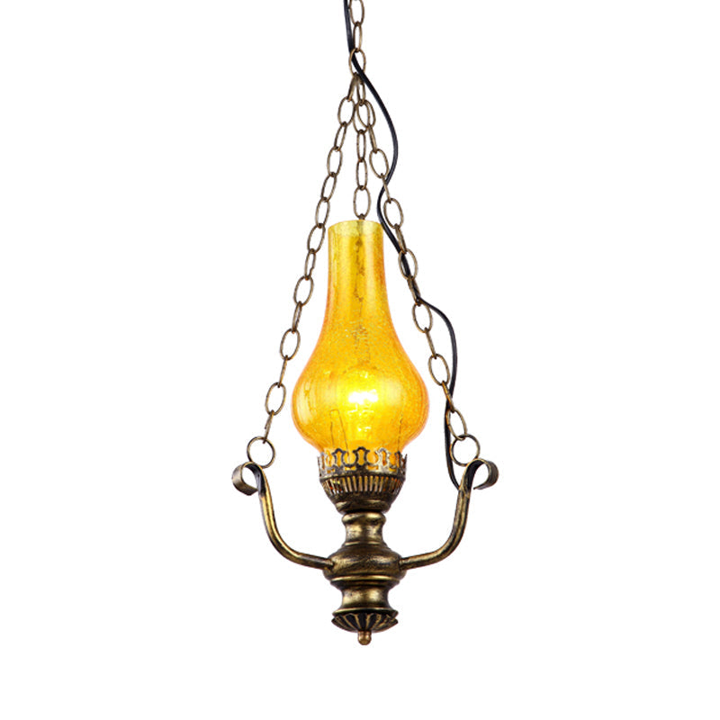 1 Light Vase Shade Pendant Lamp Coastal Brass Finish Yellow Crackle Glass Ceiling Hang Fixture Clearhalo 'Ceiling Lights' 'Glass shade' 'Glass' 'Industrial Pendants' 'Industrial' 'Middle Century Pendants' 'Pendant Lights' 'Pendants' 'Tiffany' Lighting' 728379