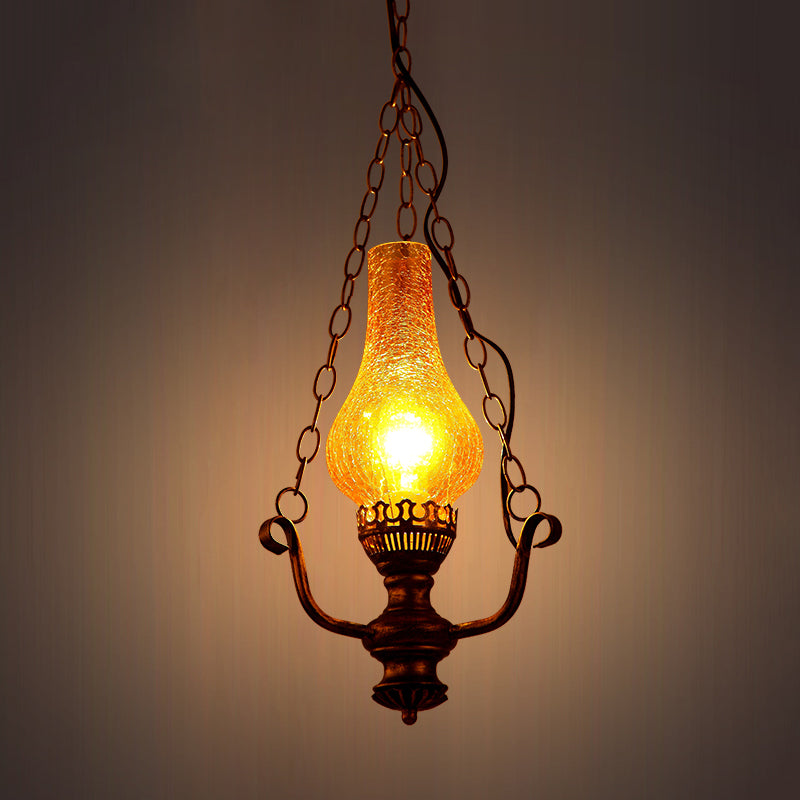 1 Light Vase Shade Pendant Lamp Coastal Brass Finish Yellow Crackle Glass Ceiling Hang Fixture Clearhalo 'Ceiling Lights' 'Glass shade' 'Glass' 'Industrial Pendants' 'Industrial' 'Middle Century Pendants' 'Pendant Lights' 'Pendants' 'Tiffany' Lighting' 728380