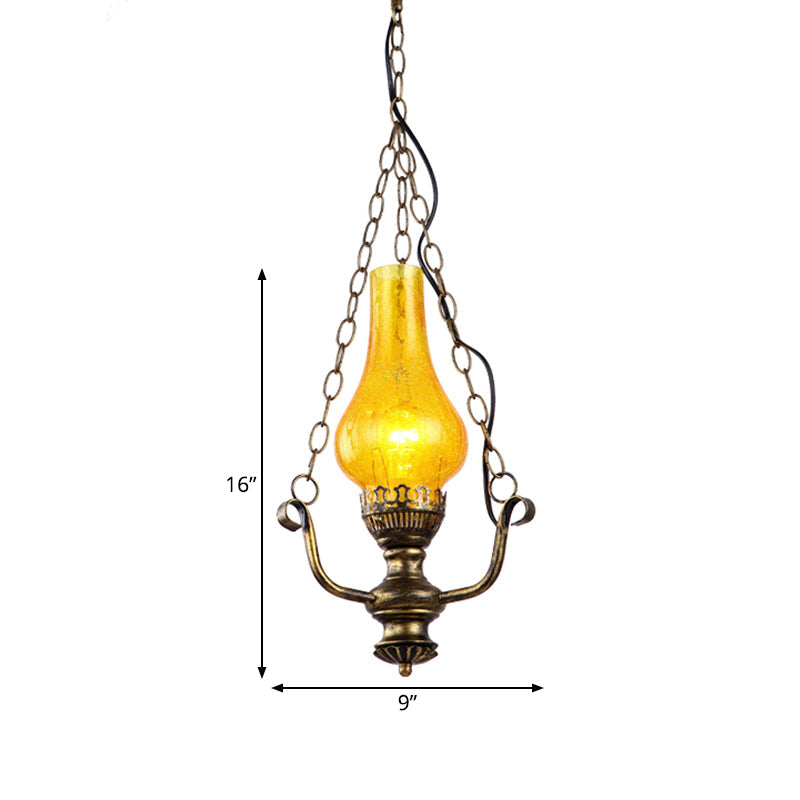 1 Light Vase Shade Pendant Lamp Coastal Brass Finish Yellow Crackle Glass Ceiling Hang Fixture Clearhalo 'Ceiling Lights' 'Glass shade' 'Glass' 'Industrial Pendants' 'Industrial' 'Middle Century Pendants' 'Pendant Lights' 'Pendants' 'Tiffany' Lighting' 728381