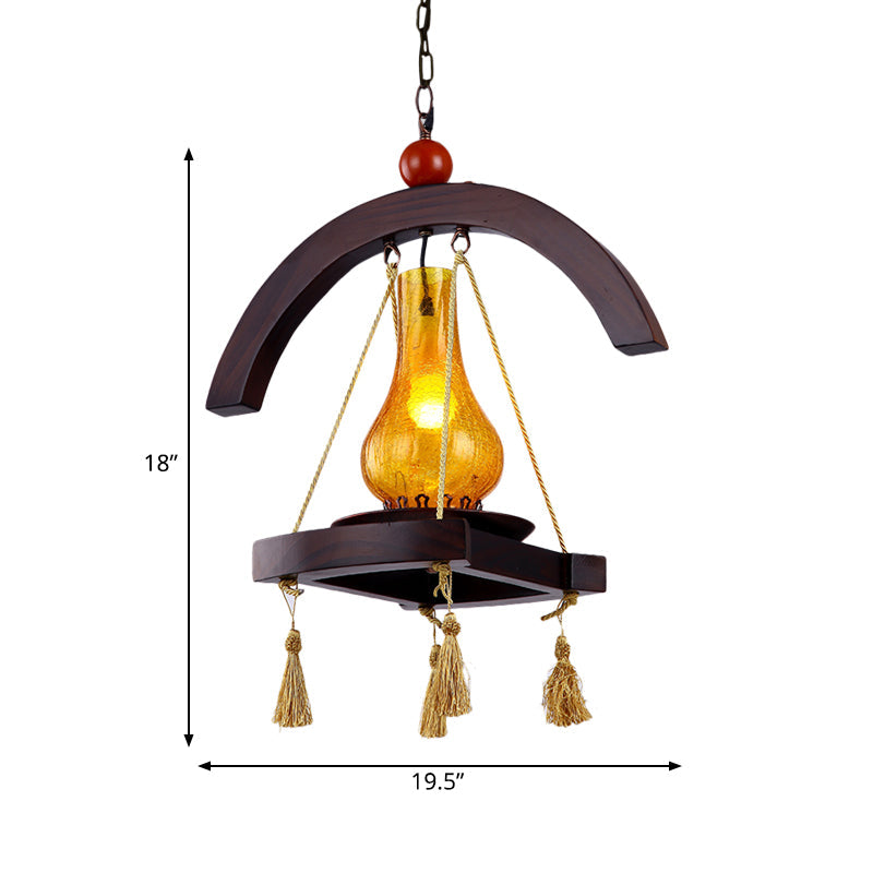 1 Head Drop Pendant Factory Kerosene Yellow Crackle Glass Hanging Lamp with Wood Tray Design Clearhalo 'Ceiling Lights' 'Glass shade' 'Glass' 'Industrial Pendants' 'Industrial' 'Middle Century Pendants' 'Pendant Lights' 'Pendants' 'Tiffany' Lighting' 728391