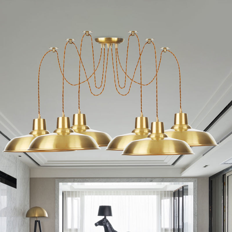 Gold Finish 2/3/4 Bulbs Multiple Lamp Pendants Industrial Metal Barn Shape Swag Hanging Light Fixture 6 Gold Clearhalo 'Art Deco Pendants' 'Cast Iron' 'Ceiling Lights' 'Ceramic' 'Crystal' 'Industrial Pendants' 'Industrial' 'Metal' 'Middle Century Pendants' 'Pendant Lights' 'Pendants' 'Tiffany' Lighting' 728533