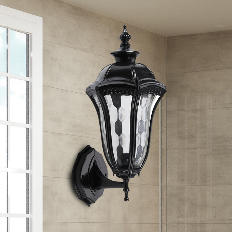 Urn Outdoor Wall Mount Lighting Rustic Clear Dimpled Glass 1 Bulb Black Wall Lamp Fixture Black Clearhalo 'Wall Lamps & Sconces' 'Wall Lights' Lighting' 728888