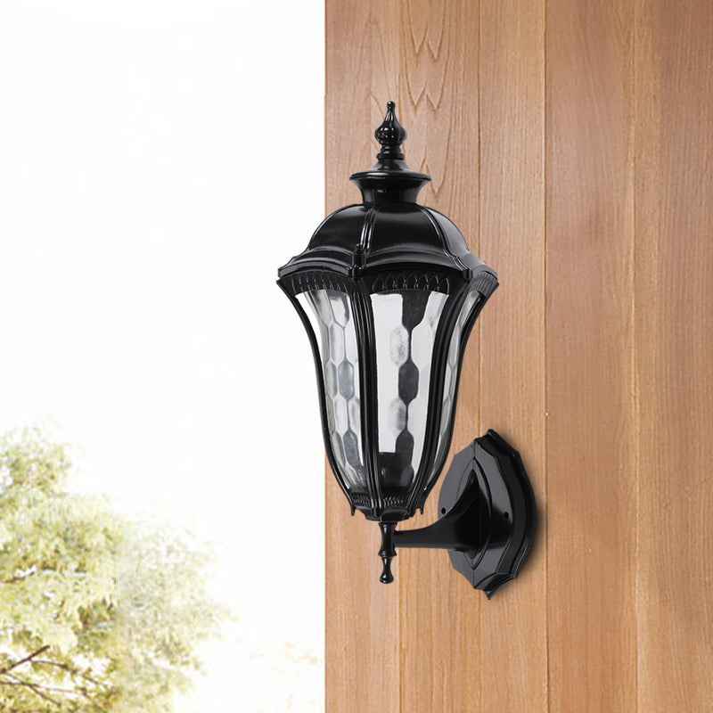 Urn Outdoor Wall Mount Lighting Rustic Clear Dimpled Glass 1 Bulb Black Wall Lamp Fixture Clearhalo 'Wall Lamps & Sconces' 'Wall Lights' Lighting' 728889