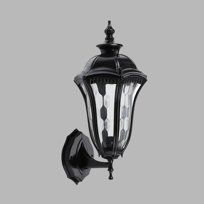 Urn Outdoor Wall Mount Lighting Rustic Clear Dimpled Glass 1 Bulb Black Wall Lamp Fixture Clearhalo 'Wall Lamps & Sconces' 'Wall Lights' Lighting' 728891