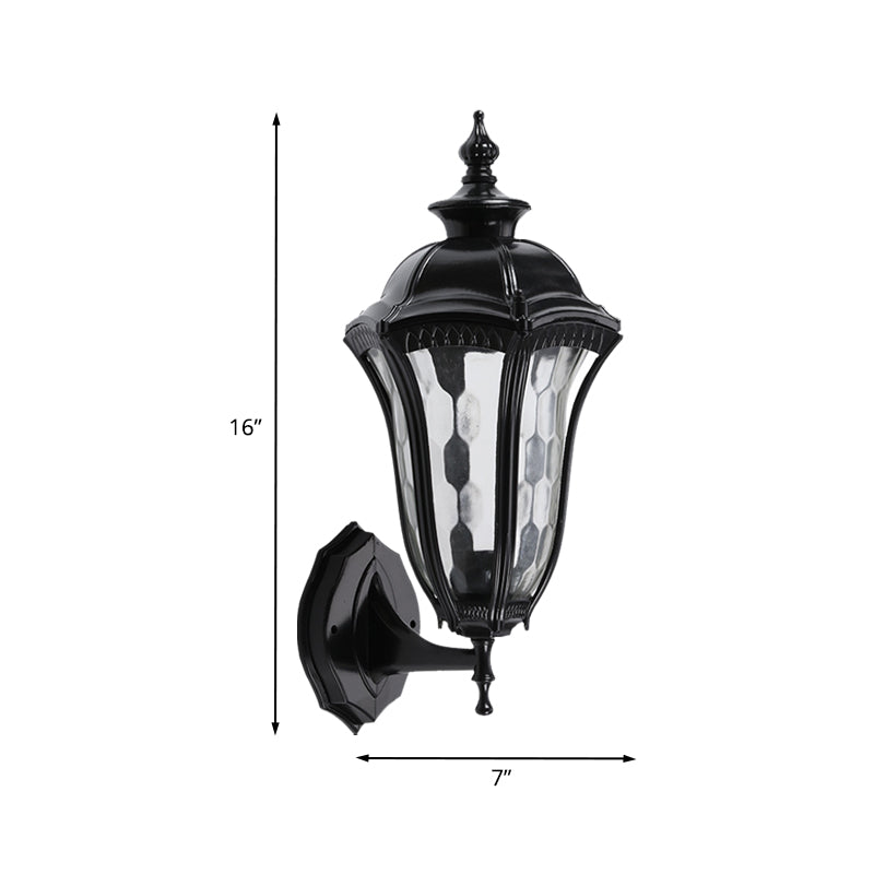 Urn Outdoor Wall Mount Lighting Rustic Clear Dimpled Glass 1 Bulb Black Wall Lamp Fixture Clearhalo 'Wall Lamps & Sconces' 'Wall Lights' Lighting' 728892