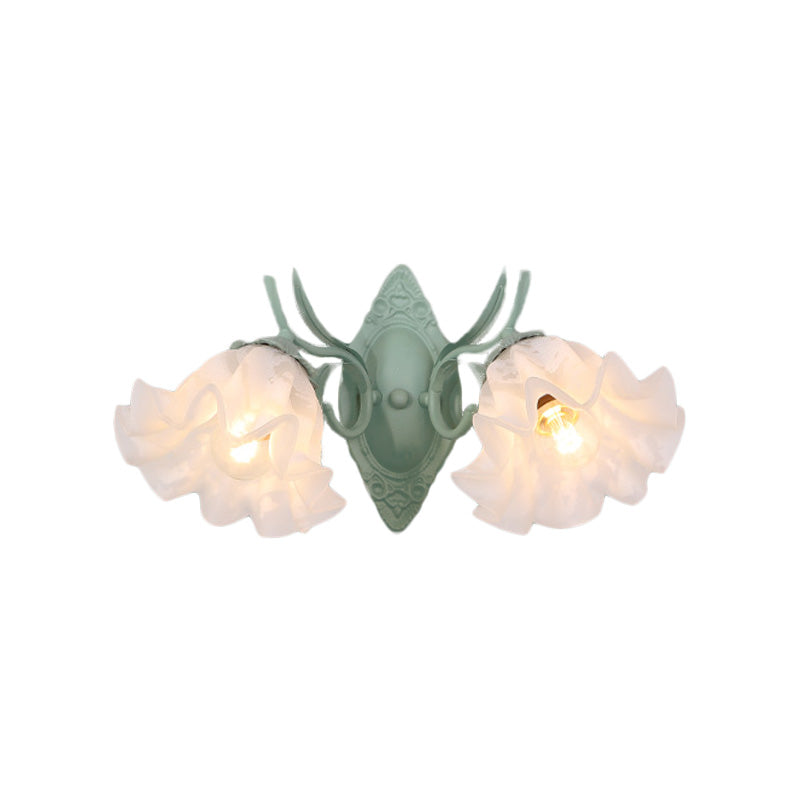 Green Scalloped Wall Lighting Fixture Pastoral White Glass 2 Bulbs Living Room Sconce Lamp Clearhalo 'Wall Lamps & Sconces' 'Wall Lights' Lighting' 729156