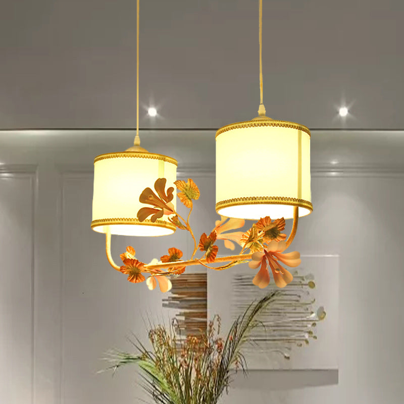 Pastoral Cylinder Multi Pendant Lamp 2 Bulbs Fabric Hanging Ceiling Light in White with Blossom Decor Clearhalo 'Ceiling Lights' 'Pendant Lights' 'Pendants' Lighting' 729165