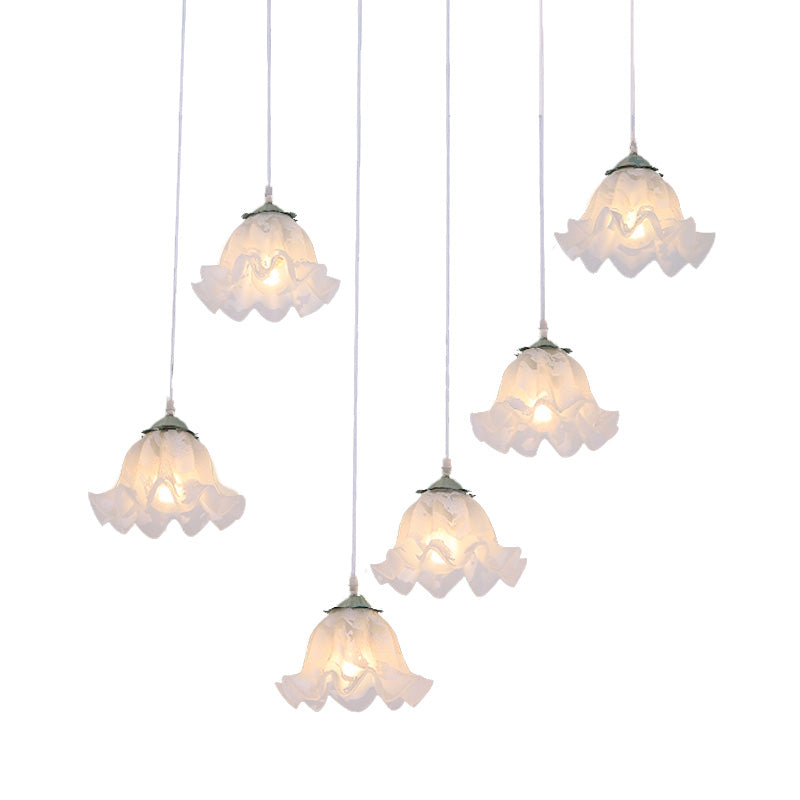 Pastoral Scalloped Multi Light Pendant 3/6-Bulb White Glass Suspension Lamp with Round/Linear Canopy Clearhalo 'Ceiling Lights' 'Pendant Lights' 'Pendants' Lighting' 729407