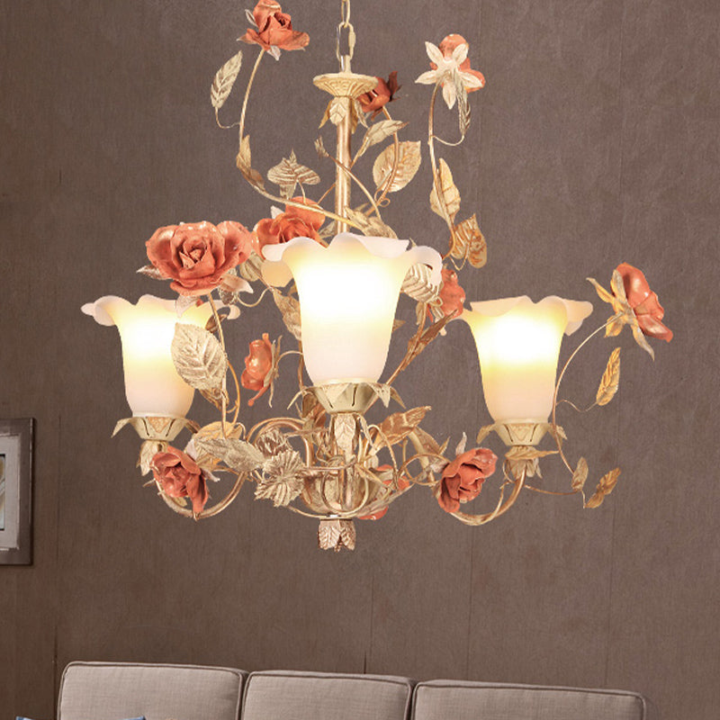 Ivory Glass Light Tan Chandelier Blossom 3 Lights Korean Garden Pendant Lighting Fixture for Living Room Clearhalo 'Ceiling Lights' 'Chandeliers' Lighting' options 729587