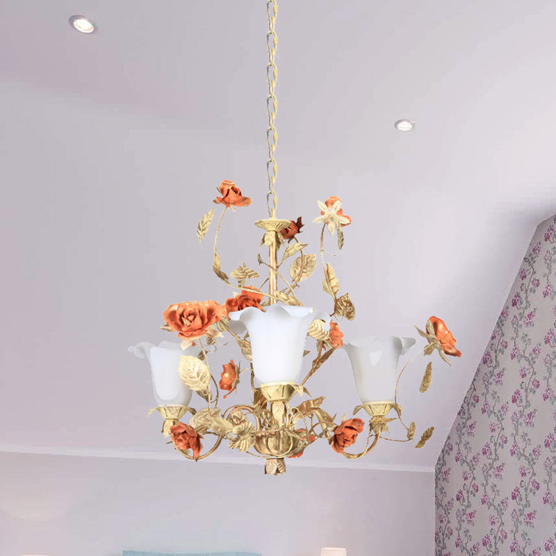 Ivory Glass Light Tan Chandelier Blossom 3 Lights Korean Garden Pendant Lighting Fixture for Living Room Clearhalo 'Ceiling Lights' 'Chandeliers' Lighting' options 729588