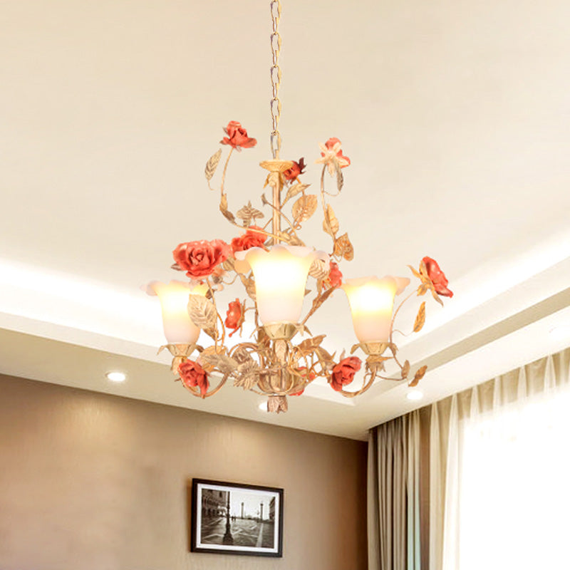 Ivory Glass Light Tan Chandelier Blossom 3 Lights Korean Garden Pendant Lighting Fixture for Living Room Clearhalo 'Ceiling Lights' 'Chandeliers' Lighting' options 729589