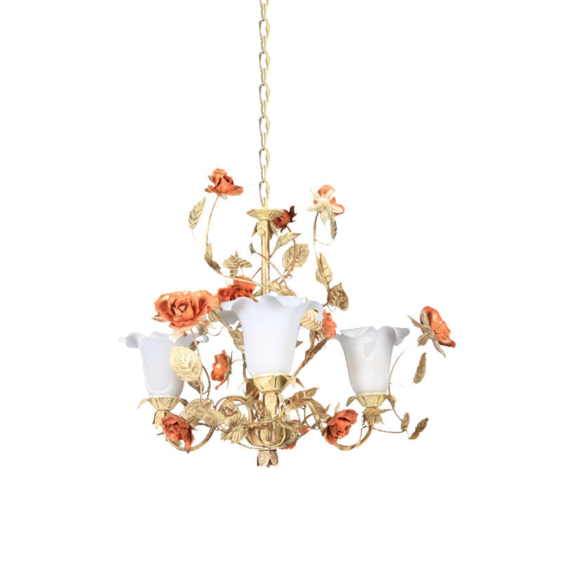 Ivory Glass Light Tan Chandelier Blossom 3 Lights Korean Garden Pendant Lighting Fixture for Living Room Clearhalo 'Ceiling Lights' 'Chandeliers' Lighting' options 729590