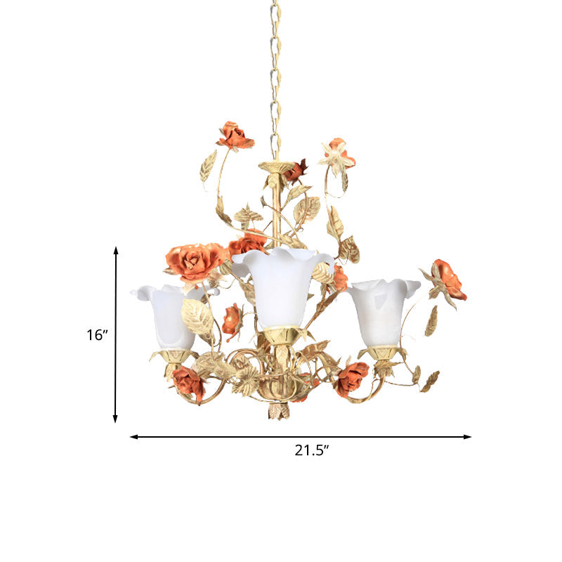 Ivory Glass Light Tan Chandelier Blossom 3 Lights Korean Garden Pendant Lighting Fixture for Living Room Clearhalo 'Ceiling Lights' 'Chandeliers' Lighting' options 729591