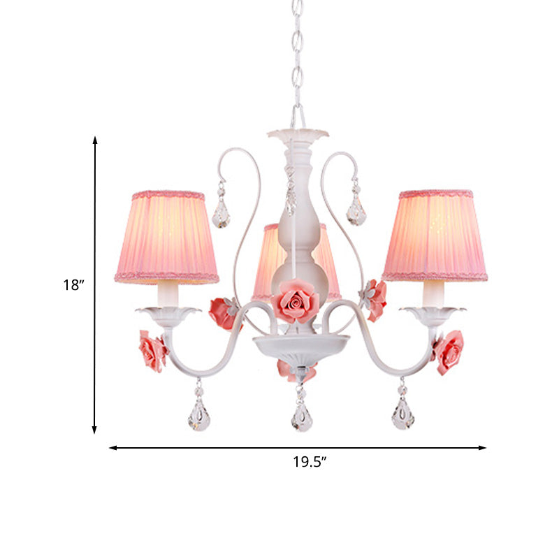 Fabric Pleated Shade Chandelier Pastoral 3/6/8 Lights Dining Room Pendant in Pink with Crystal Drop Clearhalo 'Ceiling Lights' 'Chandeliers' Lighting' options 729625