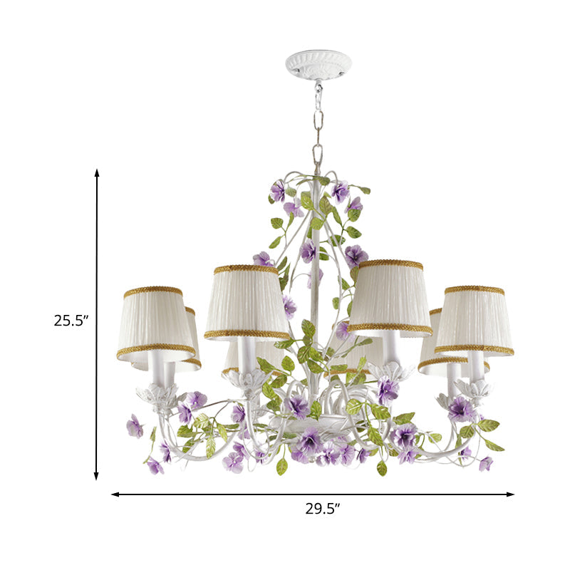 Bucket Fabric Chandelier Lighting Fixture Korean Flower 3/6/8 Bulbs Bedroom Suspension Pendant in White Clearhalo 'Ceiling Lights' 'Chandeliers' Lighting' options 729655