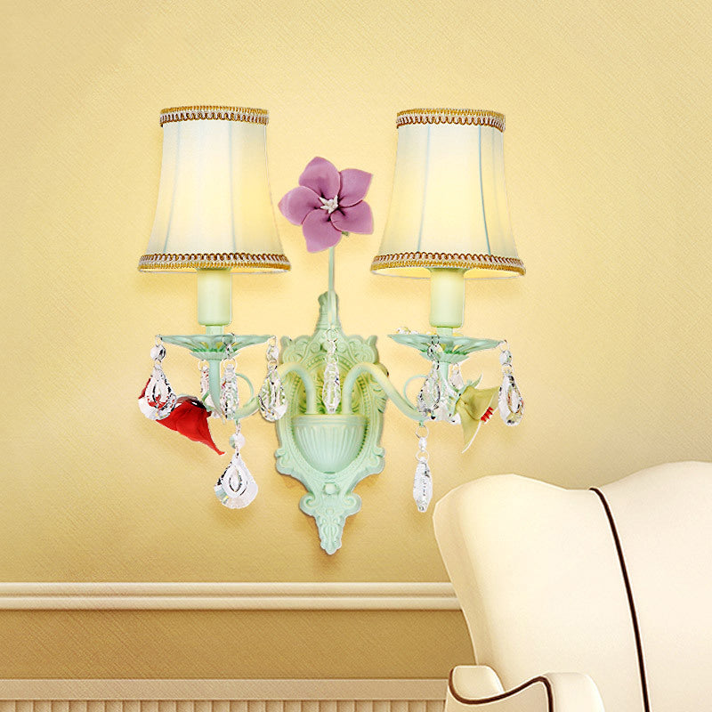 Pastoral Style Flared Wall Light 2 Bulbs Fabric Wall Sconce Lamp in Light Blue with Crystal Accent Light Blue Clearhalo 'Wall Lamps & Sconces' 'Wall Lights' Lighting' 729737