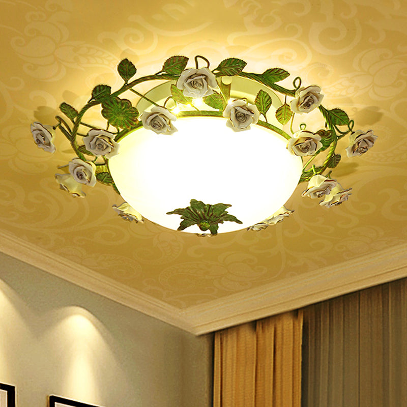 White Glass Bowl Ceiling Lighting Korean Flower LED Bedroom Semi Flush Mount Light Fixture, 16