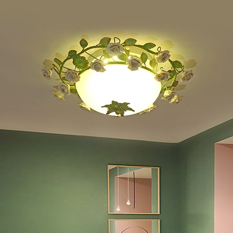 White Glass Bowl Ceiling Lighting Korean Flower LED Bedroom Semi Flush Mount Light Fixture, 16