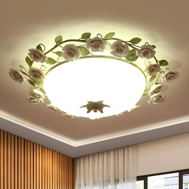 White Glass Bowl Ceiling Lighting Korean Flower LED Bedroom Semi Flush Mount Light Fixture, 16