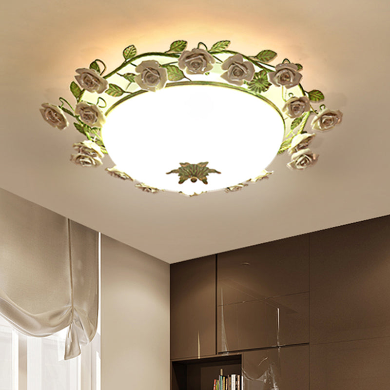 White Glass Bowl Ceiling Lighting Korean Flower LED Bedroom Semi Flush Mount Light Fixture, 16