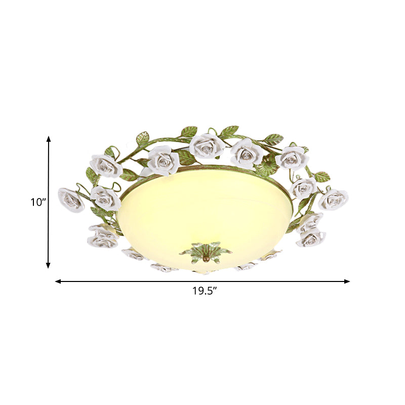 White Glass Bowl Ceiling Lighting Korean Flower LED Bedroom Semi Flush Mount Light Fixture, 16