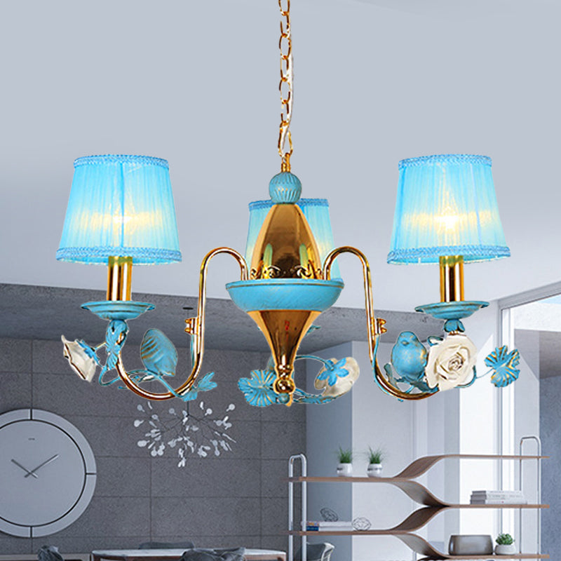 3-Light Metal Ceiling Chandelier Korean Flower Blue Gooseneck Arm Dining Room Pendant with Fabric Shade Blue Clearhalo 'Ceiling Lights' 'Chandeliers' Lighting' options 729903_ab42dd01-a8eb-43a7-a197-ba4253ef4696