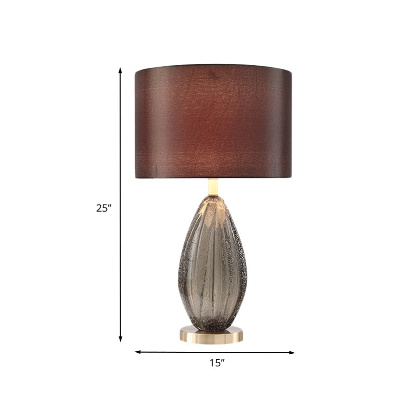 Teardrop Crystal Table Light Contemporary 1-Head Black Desk Lamp with Drum Red Brown Fabric Shade Clearhalo 'Lamps' 'Table Lamps' Lighting' 729932