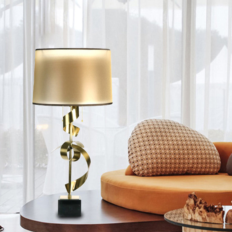 Metal Silk Ribbon Desk Light Contemporary 1-Light Gold Fabric Night Table Lamp with Pull Chain Gold Clearhalo 'Lamps' 'Table Lamps' Lighting' 729938