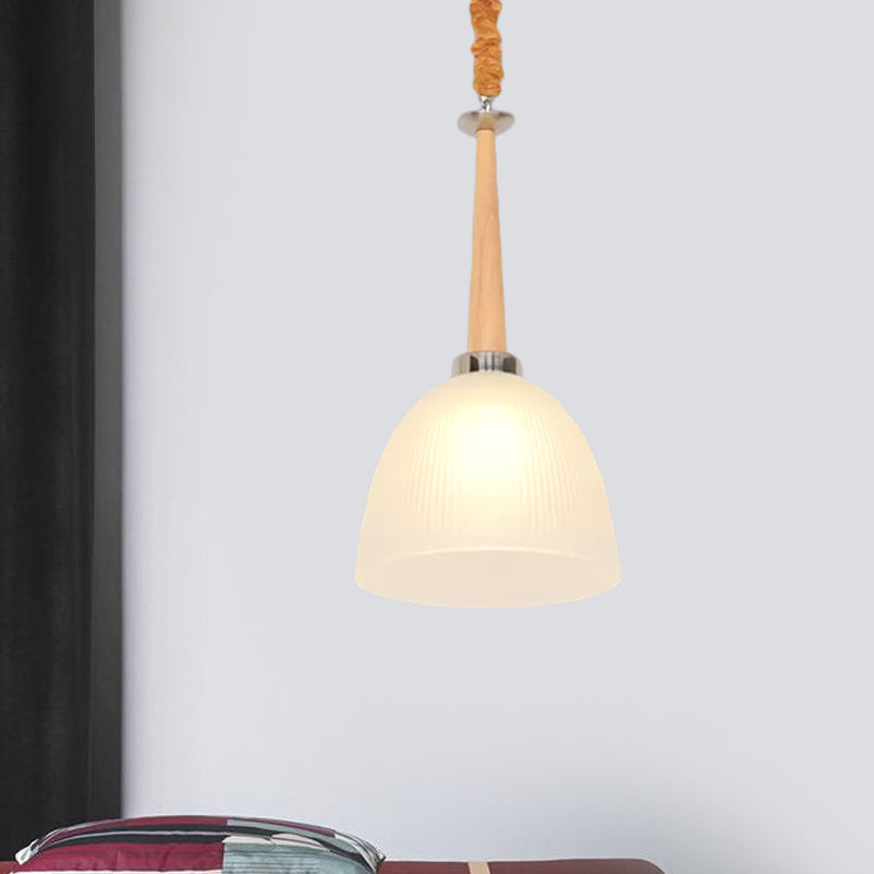 Simple 1-Head Ceiling Light Beige Dome Hanging Pendant Lamp with White Prismatic Glass Shade, 11.5