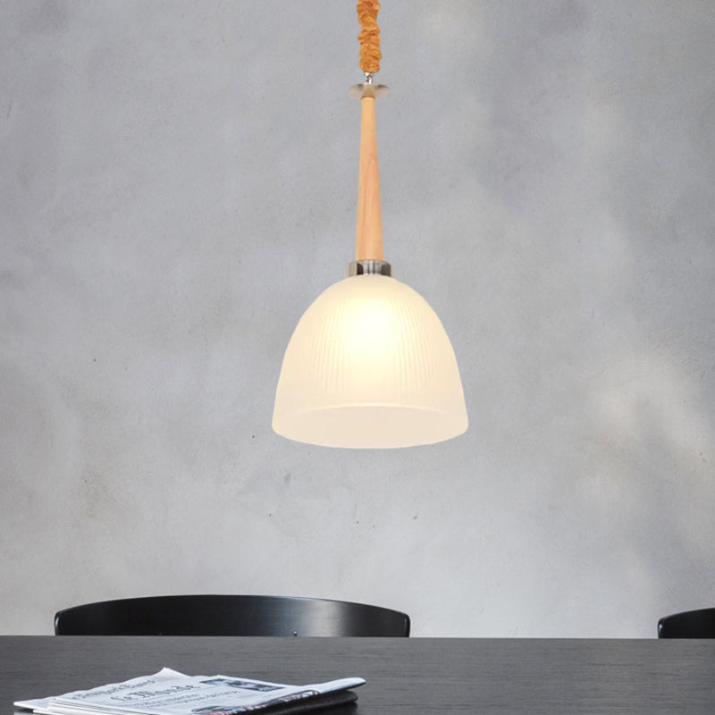 Simple 1-Head Ceiling Light Beige Dome Hanging Pendant Lamp with White Prismatic Glass Shade, 11.5