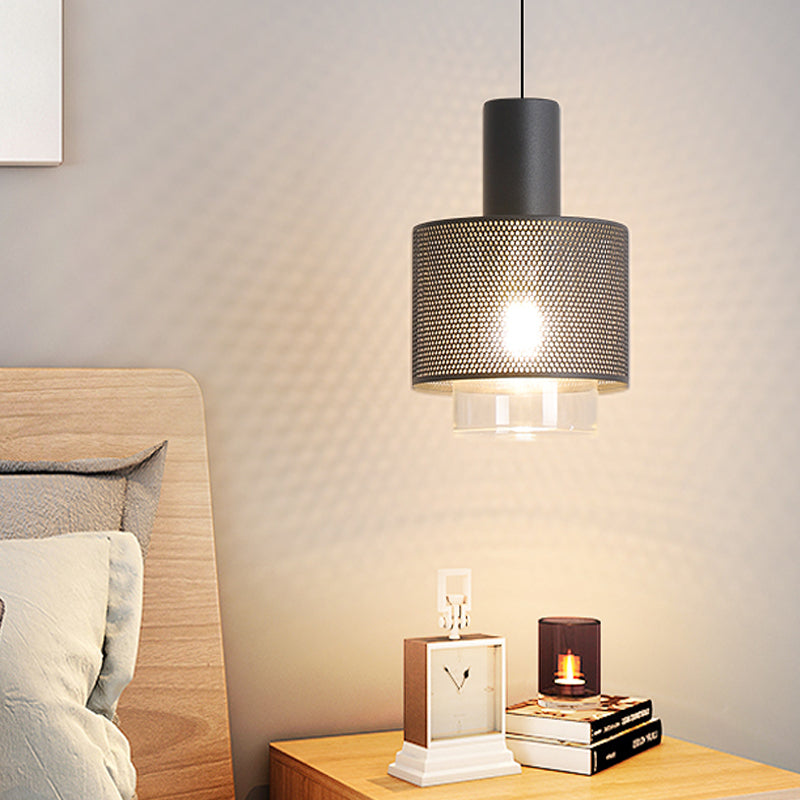 Modern Drum Mesh Pendant Lighting Iron 1 Head Bedside Hanging Ceiling Lamp in Black with Cylinder Clear Glass Shade Black Clearhalo 'Ceiling Lights' 'Modern Pendants' 'Modern' 'Pendant Lights' 'Pendants' Lighting' 729969