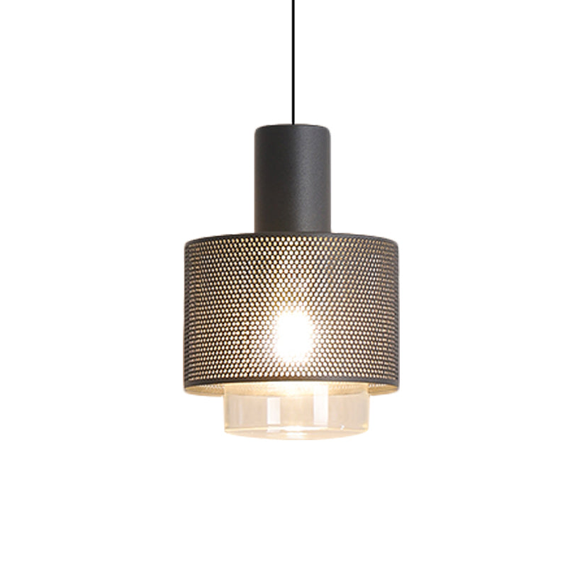 Modern Drum Mesh Pendant Lighting Iron 1 Head Bedside Hanging Ceiling Lamp in Black with Cylinder Clear Glass Shade Clearhalo 'Ceiling Lights' 'Modern Pendants' 'Modern' 'Pendant Lights' 'Pendants' Lighting' 729972