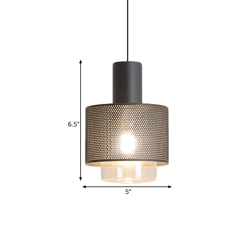 Modern Drum Mesh Pendant Lighting Iron 1 Head Bedside Hanging Ceiling Lamp in Black with Cylinder Clear Glass Shade Clearhalo 'Ceiling Lights' 'Modern Pendants' 'Modern' 'Pendant Lights' 'Pendants' Lighting' 729973