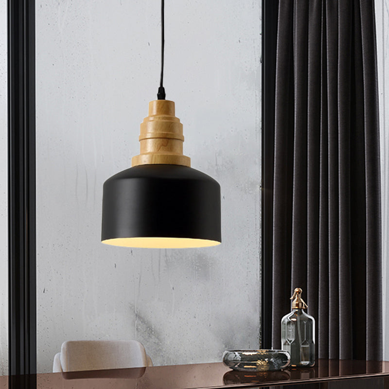 Black Drum Hanging Lighting Modern Nordic 1 Bulb Iron Pendant Ceiling Lamp with Wood Top Clearhalo 'Ceiling Lights' 'Modern Pendants' 'Modern' 'Pendant Lights' 'Pendants' Lighting' 729975