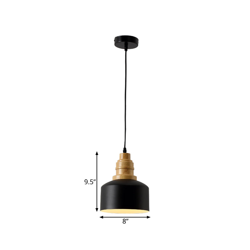 Black Drum Hanging Lighting Modern Nordic 1 Bulb Iron Pendant Ceiling Lamp with Wood Top Clearhalo 'Ceiling Lights' 'Modern Pendants' 'Modern' 'Pendant Lights' 'Pendants' Lighting' 729978