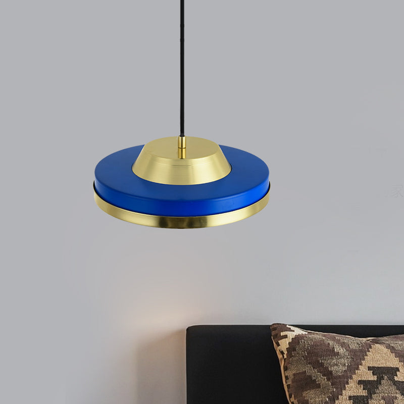 Flying Saucer Pendant Lighting Modernist Metal 1 Head Bedroom LED Ceiling Hang Fixture in Blue and Brass Clearhalo 'Ceiling Lights' 'Modern Pendants' 'Modern' 'Pendant Lights' 'Pendants' Lighting' 730022