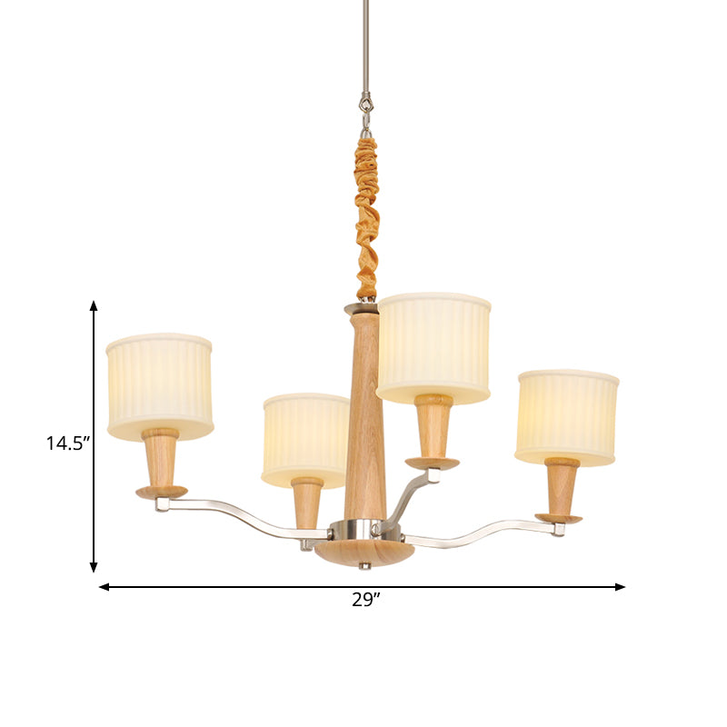 Beige Radial Ceiling Chandelier Modernist 4-Head Wood Hanging Light Fixture with Drum Cream Glass Shade Clearhalo 'Carpenter Chandeliers' 'Ceiling Lights' 'Chandeliers' 'Industrial' 'Modern Chandeliers' 'Modern' Lighting' 730154