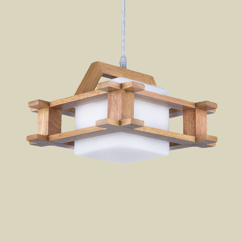 White Glass Cube Pendant Lighting Asian Style 1 Bulb Suspension Lamp with Wooden Squared Frame Clearhalo 'Ceiling Lights' 'Glass shade' 'Glass' 'Modern Pendants' 'Modern' 'Pendant Lights' 'Pendants' Lighting' 730300