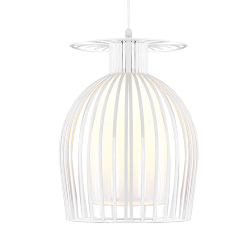 Iron Cup Cage Down Lighting Modern 1 Light Hanging Pendant in White with Opal Glass Shade for Restaurant Clearhalo 'Ceiling Lights' 'Close To Ceiling Lights' 'Glass shade' 'Glass' 'Modern Pendants' 'Modern' 'Pendant Lights' 'Pendants' Lighting' 730304