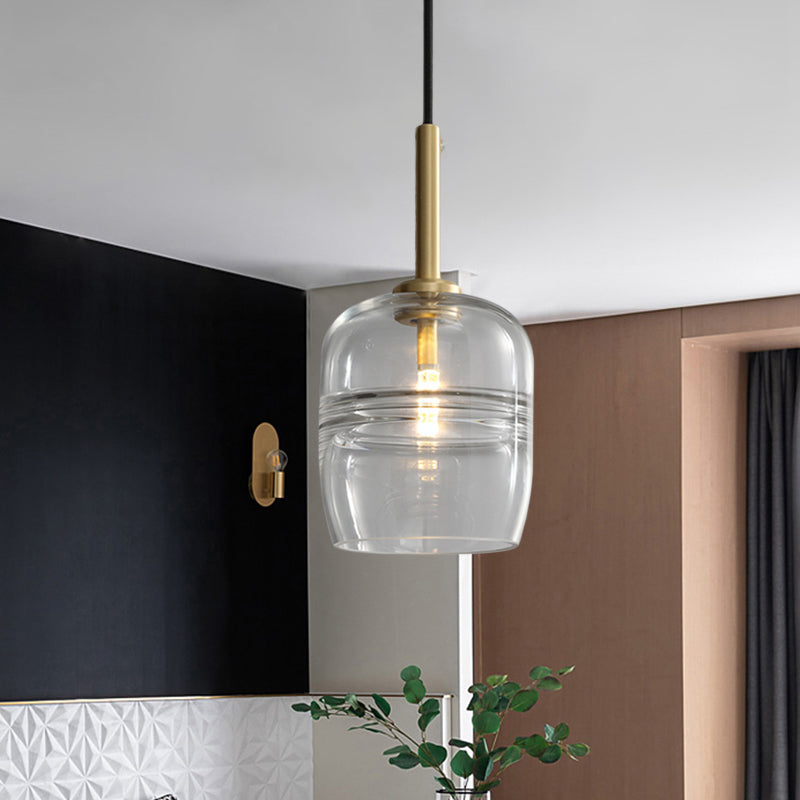 Ruffle Pendant Lighting Minimalism Clear/Smoke Gray Glass 1-Light Bedside Hanging Lamp Fixture in Brass Clear Clearhalo 'Ceiling Lights' 'Close To Ceiling Lights' 'Glass shade' 'Glass' 'Modern Pendants' 'Modern' 'Pendant Lights' 'Pendants' Lighting' 730462