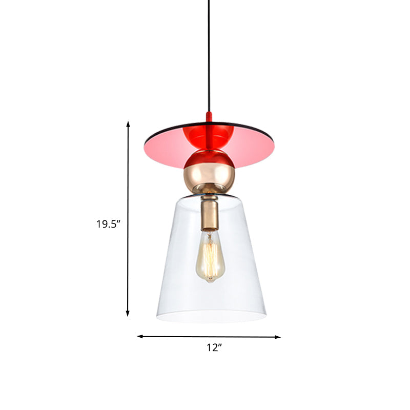 Clear Glass Cup-Shape Hanging Light Kit 1-Head Modern Ceiling Suspension Lamp with Red Disc Top Clearhalo 'Ceiling Lights' 'Close To Ceiling Lights' 'Glass shade' 'Glass' 'Modern Pendants' 'Modern' 'Pendant Lights' 'Pendants' Lighting' 730479