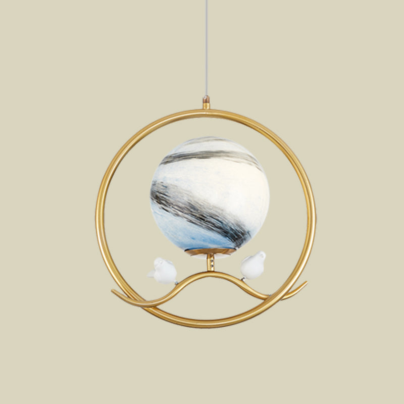 Post Modern Ring Pendant Metallic 1 Light Living Room Hanging Lamp in Gold with Planet Glass Shade and Bird Deco Clearhalo 'Ceiling Lights' 'Close To Ceiling Lights' 'Glass shade' 'Glass' 'Modern Pendants' 'Modern' 'Pendant Lights' 'Pendants' Lighting' 730492